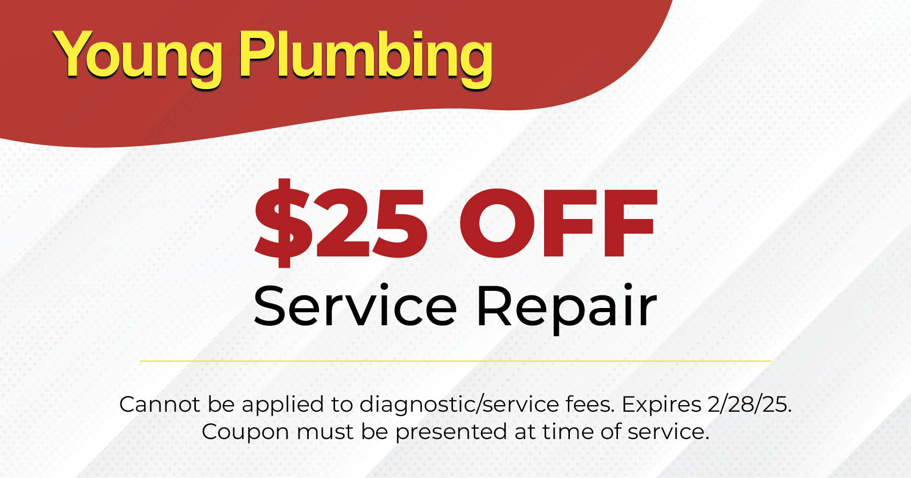 Young Plumbing special for $25 Off any service repair. Expires 2/28/25.